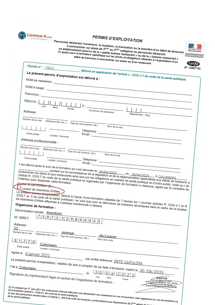 permis d'exploitation table d'hôtes