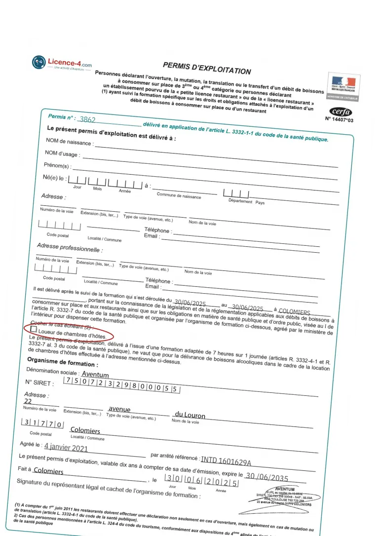 permis d'exploitation table d'hôtes
